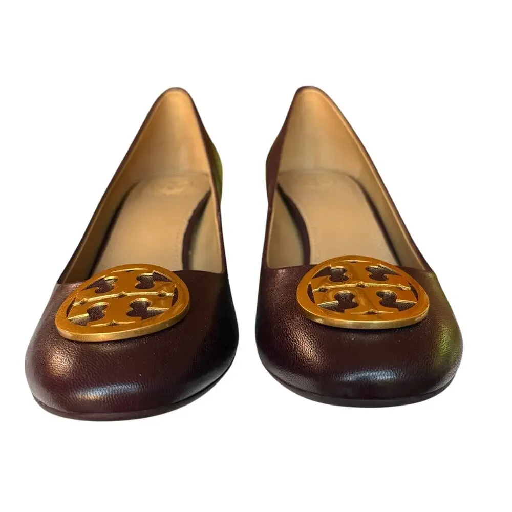 Tory Burch Benton Burgundy Block Heel Pumps Classic Polished Office Event size 8